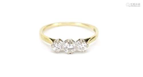 9ct gold diamond three stone ring, marked Bravington's to the band, size R, 1.9g : For Further