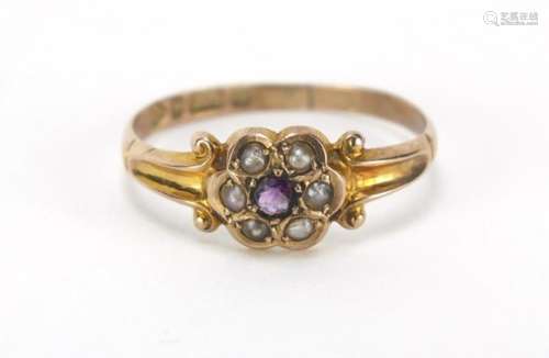 Edwardian 9ct gold seed pearl and amethyst ring with scroll shoulders, Chester 1908, size L, 1.