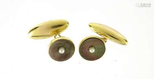 Pair of 18ct gold abalone and seed pearl cufflinks, 2.5cm in length, 6.6g : For Further Condition