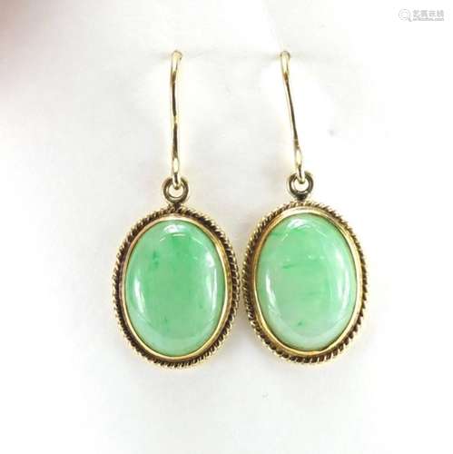 Pair of unmarked gold green cabochon jade earrings (tests as 14ct+) 3.5cm in length, 5.0g : For