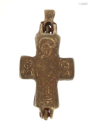 Silver coloured metal Byzantine design cross relic, engraved with religious icons, 5.5cm in