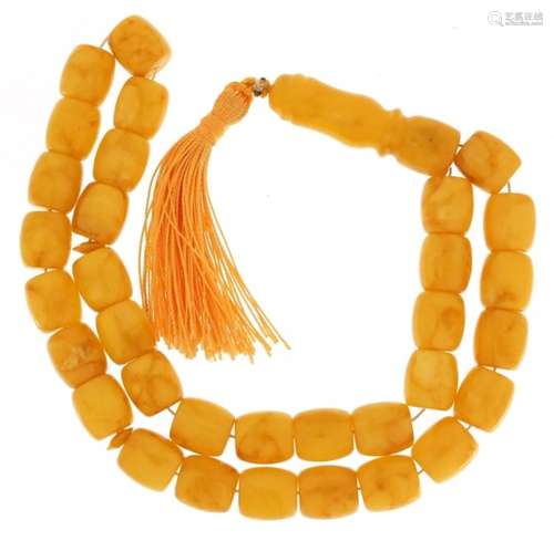 String of Islamic butterscotch egg yolk amber coloured prayer beads, 50cm in length, 62.2g : For