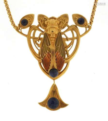 Egyptian Revival silver coloured moth pendant set with lapis lazuli stones, 40cm in length : For