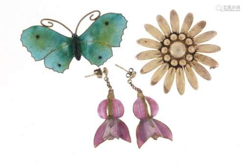 Silver jewellery comprising a Danish flower brooch, enamelled butterfly brooch by John Atkins & Sons