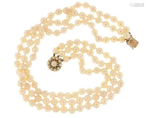 Three string pearl necklace with 9ct gold clasp, 36cm in length, 90.0g : For Further Condition