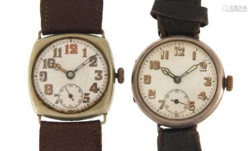 Two Military interest trench watches, one with silver case, each with luminous hands and dial, the