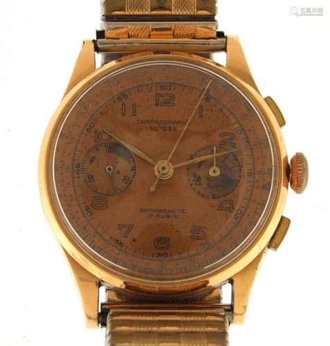 Vintage gentleman's 18ct gold chronograph wristwatch, 3.8cm in diameter : For Further Condition