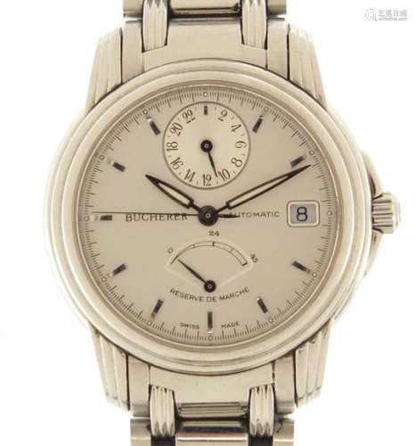 Bucherer Archimedes automatic wristwatch with date dial, box and paperwork, numbered 9035-507, 3.5cm