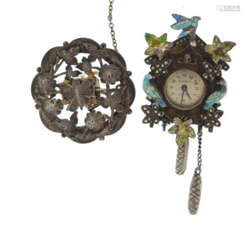 Silver and enamel marcasite fob watch in the form of a cuckoo clock, together with a Victorian