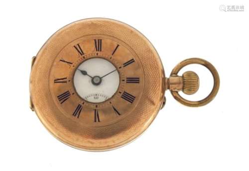 Continental 9ct gold half hunter pocket watch, the case numbered 72906, 4.6cm in diameter, 65.4g :