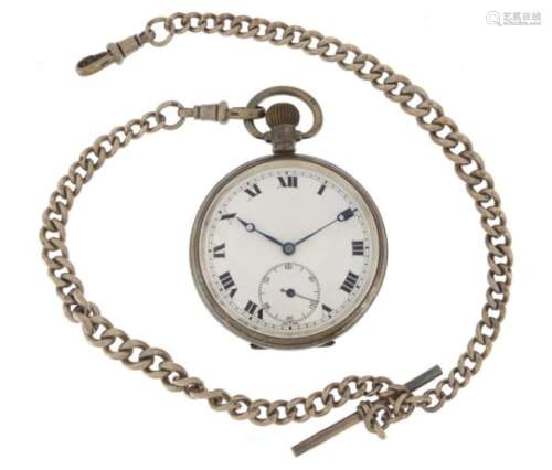 Gentleman's silver open face pocket watch with subsidiary dial on a graduated silver watch chain,