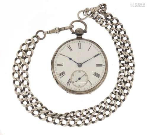 Victorian silver open face pocket watch on a silver watch chain, the fusee movement numbered