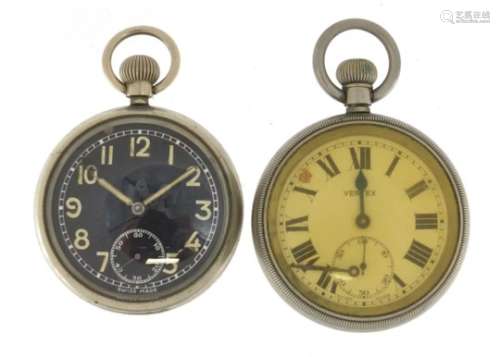 Two Military and Railway interest open face pocket watches including a Vertex, both with engraved