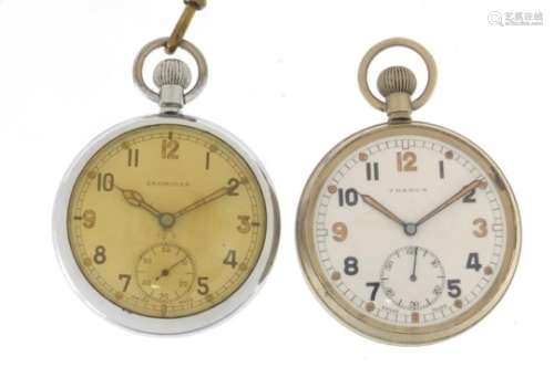 Two British Military issue pocket watches - Frenca and Leonidas, both with engraved marks to the