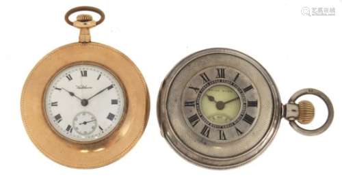 Silver West End watch half hunter pocket watch and a gold plated Waltham pocket watch, both with