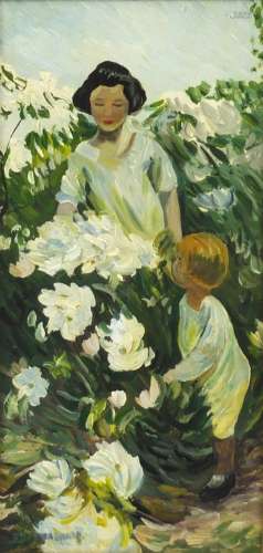 Attributed to Dorothea Sharp - Mother and child picking flowers, oil on board, label verso,