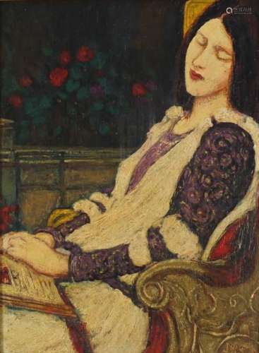 Sleeping young female in an interior, Pre-Raphaelite school oil on panel, bearing a monogram JWW,