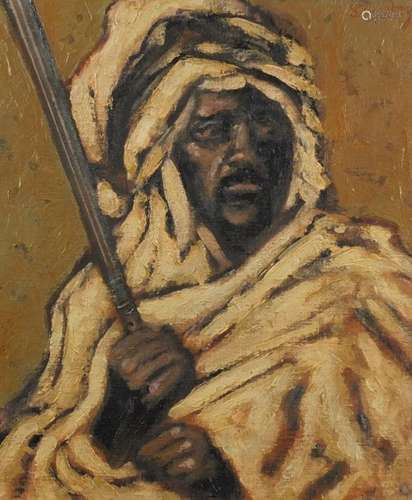 Portrait of an African warrior, oil on canvas laid onto board, bearing an indistinct signature