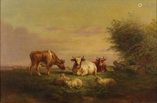 H C Bryant - Cattle and sheep grazing, 19th century oil on canvas, mounted and framed, 75cm x 49.5cm