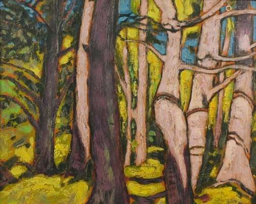 Surreal wood scene, oil on board, bearing a signature Lawren Harris, framed, 48cm x 38cm : For