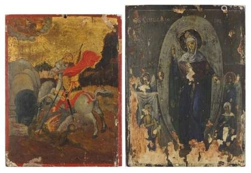 George and the Dragon and Madonna, two 18/19th century Russian Orthodox icons, oil on panels, the