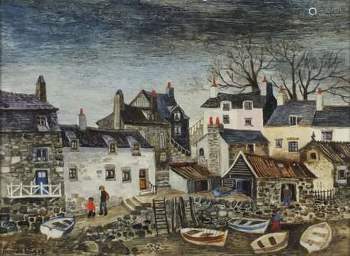 Brenda King 1978 - Low Tide, Polperro, oil on board, mounted and framed, 19cm x 14cm : For Further