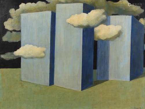 Manner of Rene Magritte - Surreal composition, oil on board, mounted and framed, 59cm x 44cm : For