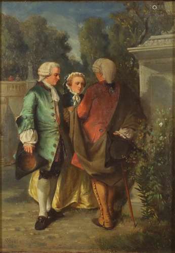 Ulysse - Three men in a garden, 19th century French school oil on board, mounted and framed, 24.