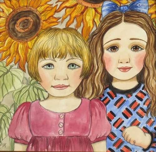 Portrait of two young girls before sunflowers, watercolour an gouache, bearing a signature Dix,