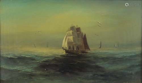 Sailing boat in choppy seas, 19th century oil on board, framed, 42cm x 23cm : For Further