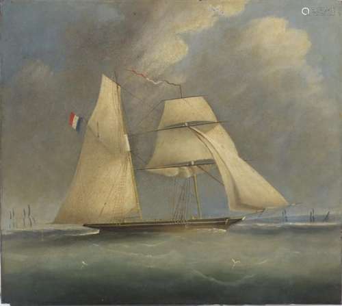 French ship on stormy seas, Victorian oil on black slate, unframed, 27cm by 24.5cm : For Further