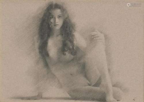 Portrait of a nude female, pencil, bearing an indistinct signature, mounted and framed, 24.5cm x