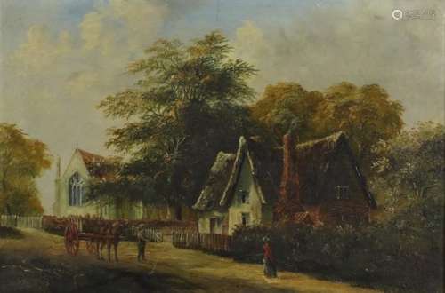 Figures and horse drawn cart beside a cottage, 19th century oil onto canvas, mounted and framed,