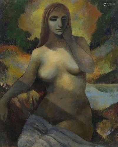 Portrait of a nude female, surreal oil onto board, bearing an indistinct signature, possibly John