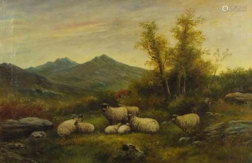 Sheep in a landscape, 19th century Scottish school oil on canvas, mounted and framed, 76cm x