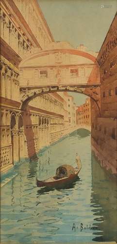 A Baldero - Venetian canal, watercolour, mounted and framed, 29cm x 14cm : For Further Condition