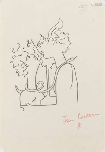 Manner of Jean Cocteau - Embracing couple, pencil and crayon on paper, unframed, 29cm x 20cm : For