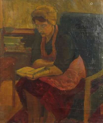 L Robinson - Female seating and reading in an interior, oil on canvas, framed, 53cm x 45cm : For