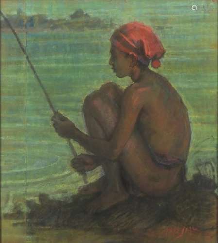 Young fishermen, Indian school pastel, bearing an indistinct signature possibly Guriar, framed, 59cm