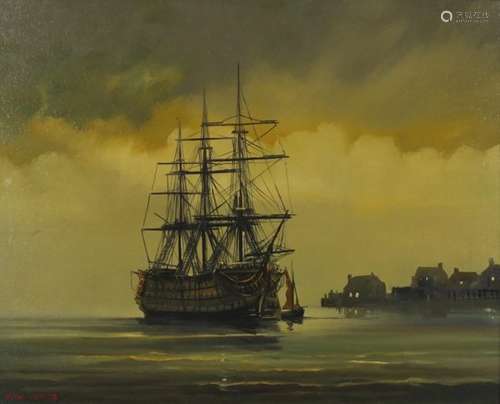 Dion Pears - Masted ship at anchor, signed oil on canvas, framed, 49.5cm x 39.5cm : For Further