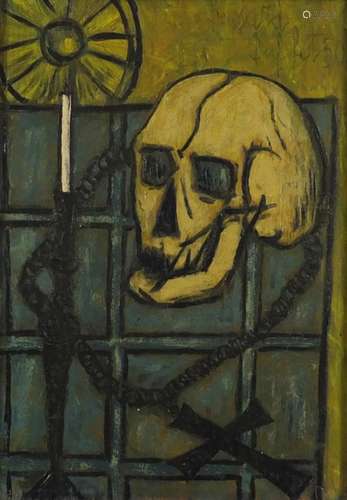 In the manner of Bernard Buffet - Abstract composition with skull, oil on board, stamp verso,