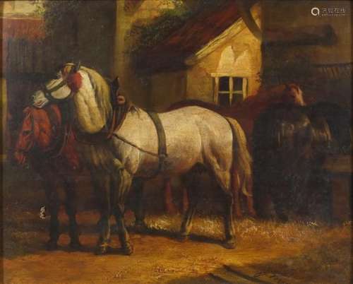 Horses in a stable, 19th century oil on panel, bearing an indistinct signature, framed, 26.5cm x