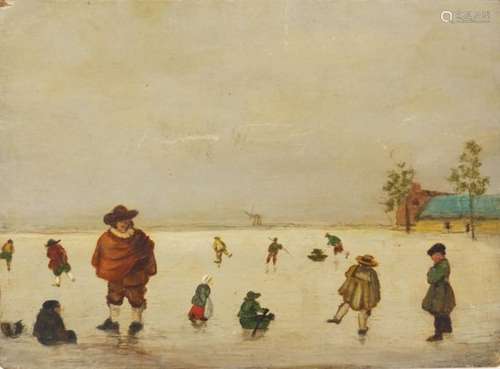 Figures playing on ice before a town and windmill, antique Flemish oil on wood panel unframed, 17.