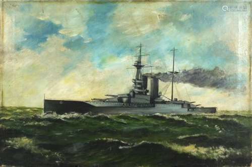 Battleship on Calm Seas, oil on canvas, unframed, 76cm x 51cm : For Further Condition Reports Please