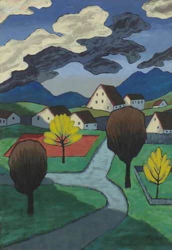 Surreal landscape with trees and buildings, gouache, bearing a signature Munter, mounted and framed,