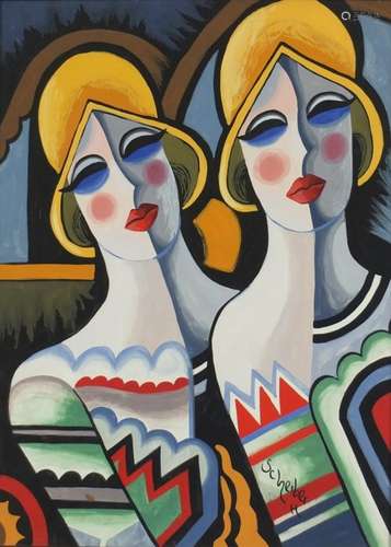 Portrait of two females, surreal gouache, bearing a signature Scheiber, framed, 38cm x 28cm : For