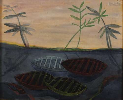 Moored boats, surreal oil on canvas laid onto board, bearing a monogram DW, details verso, framed,