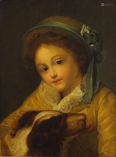 Portrait of a young girl with a dog, Regency oil onto canvas, framed, 39cm x 30cm : For Further