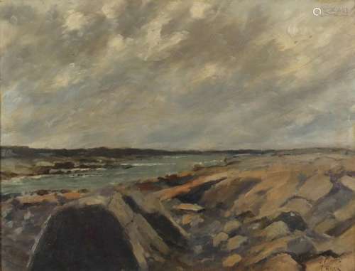 Stormy coastal scene, oil on canvas, bearing a signature Patrick, framed, 64cm x 49cm : For