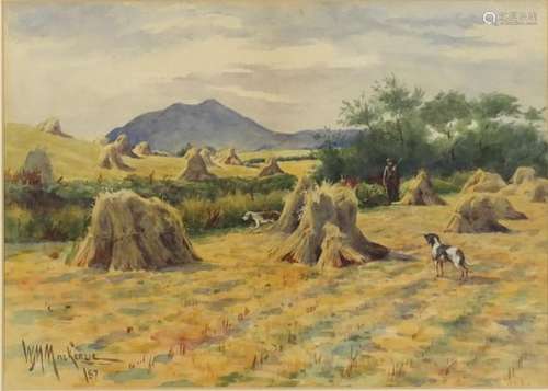 William Murray Mackenzie - Hunter and dogs amongst corn stooks, signed heightened watercolour,